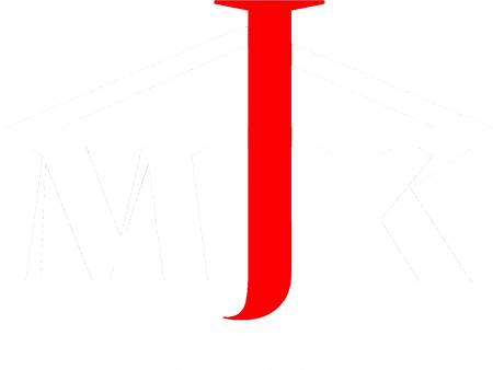 Logo for "MJK Improvements" featuring a stylized white outline of a house roof with bold white letters "M", "J", and "K" below it. The "J" is red and centered prominently, overlapping the house outline. The word "IMPROVEMENTS" appears in white, serif font beneath the letters.
