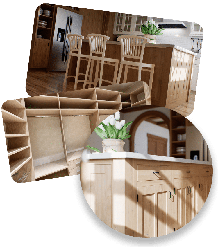 Collage showing examples of custom carpentry, including a kitchen with wooden cabinets and bar seating, an organized walk-in closet with wooden shelving, and close-up details of cabinetry showcasing craftsmanship and finishes.