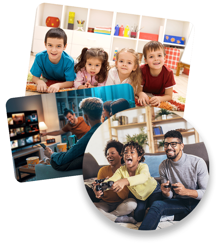 Collage of three images: a group of children smiling on a colorful carpet, a group of adults enjoying a movie night in a home theater, and a family laughing while playing video games in a living room.