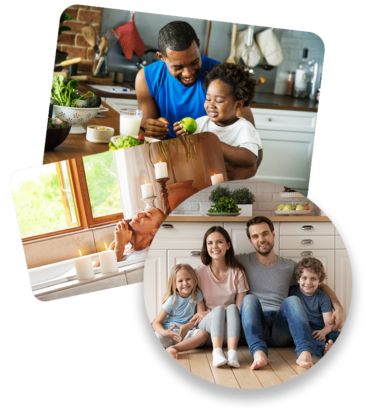 Collage of three images: a man and child smiling together in a kitchen with fresh food, a woman relaxing in a candlelit bathtub near a window, and a family of four sitting on the kitchen floor, smiling.