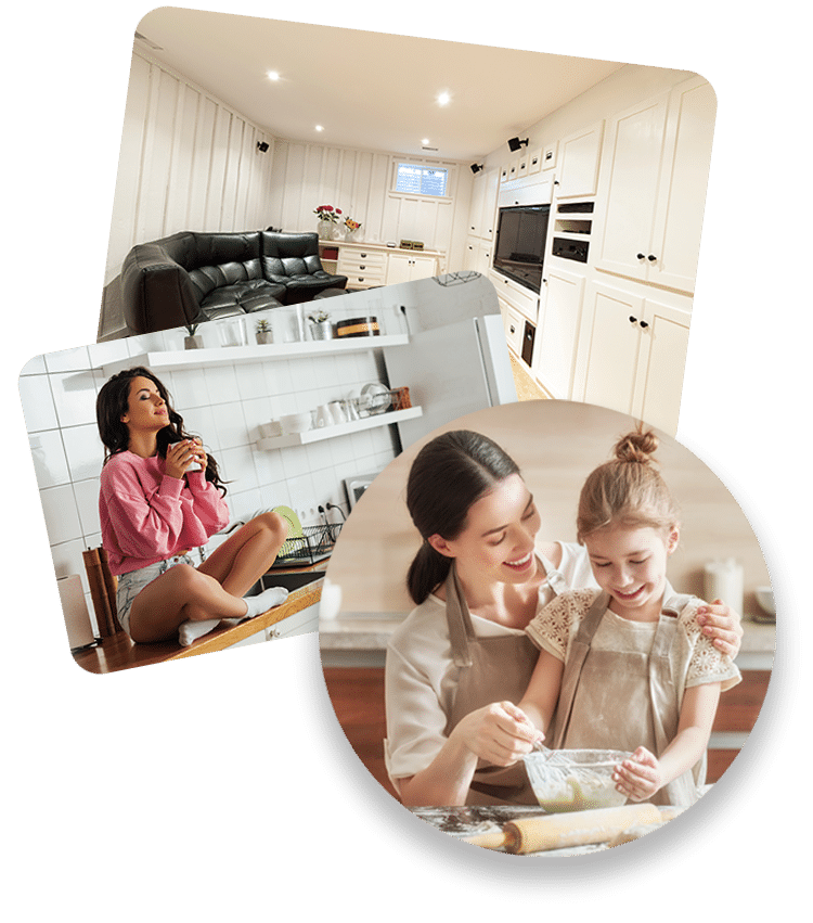 Collage of home interior scenes: a finished basement with white cabinetry and a black couch, a woman enjoying a hot drink in a kitchen, and a woman and child baking together at a kitchen counter.