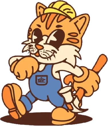 Cartoon cat mascot wearing a yellow hard hat, orange gloves, and blue overalls with "MJK" on the chest, holding a hammer and walking confidently.