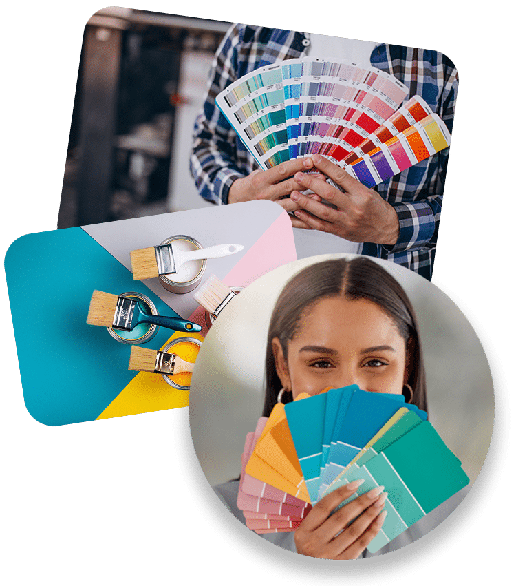 Three scenes related to interior painting: a person in a plaid shirt holding color swatches, a flat lay of paintbrushes on colorful paper, and a smiling woman holding fan-shaped paint samples in various colors.