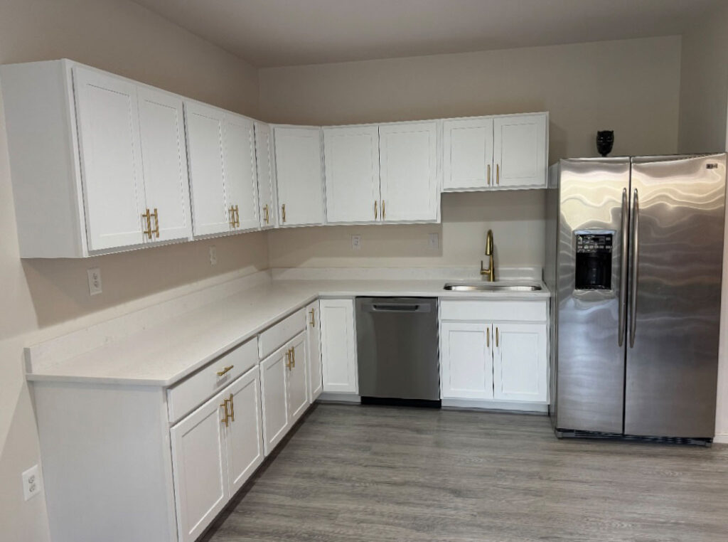 Basement kitchen with white cabinetry, gold hardware, stainless steel appliances, light quartz countertops, and gray wood-look flooring.