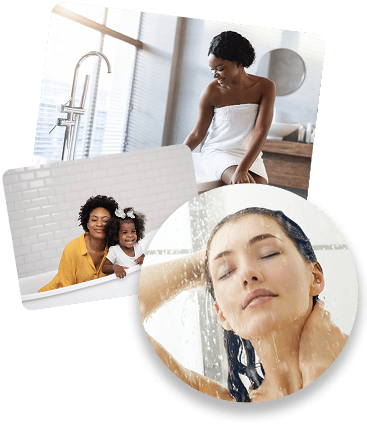Collage of people enjoying modern bathroom moments, including bathing and showering.