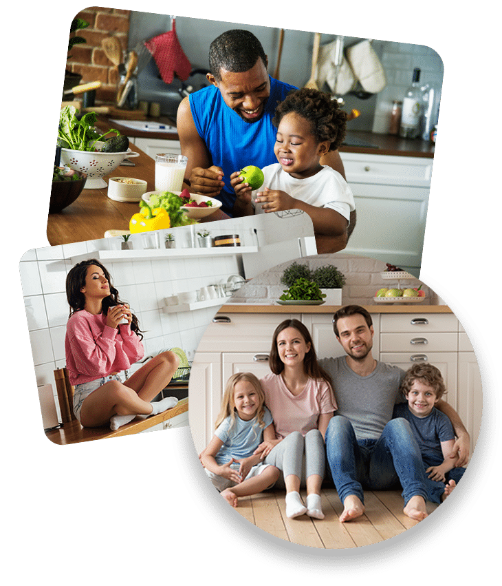 Collage of families enjoying time together in modern kitchens, including cooking and relaxing