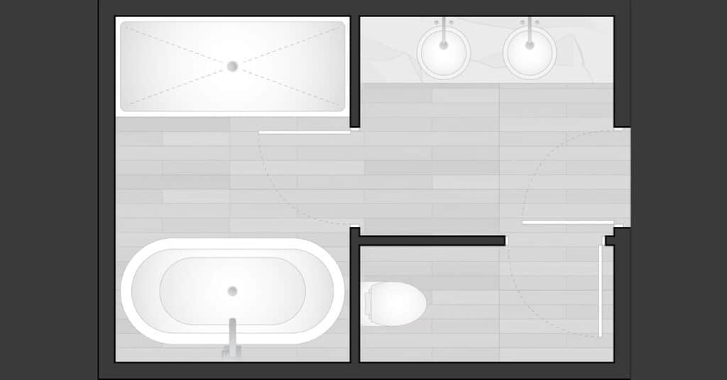 op-down layout of a bathroom with bathtub, shower, toilet, and double sink vanity