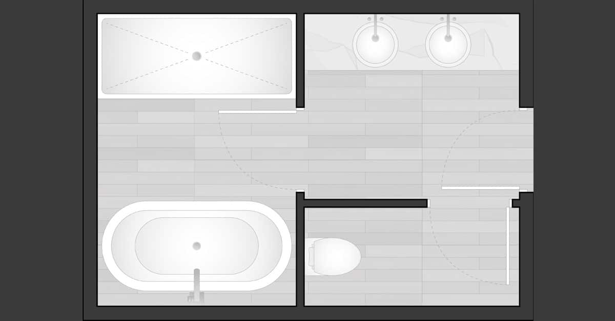 op-down layout of a bathroom with bathtub, shower, toilet, and double sink vanity